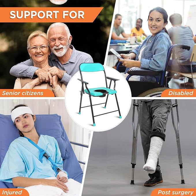 Folding Commode Chair, Elderly Disabled Man And Pregnant Woman Stainless Steel Shower And Bathing Room Mobile Toilet Seat for Elderly, Safe Toilet Stool - 100 Kg Capacity